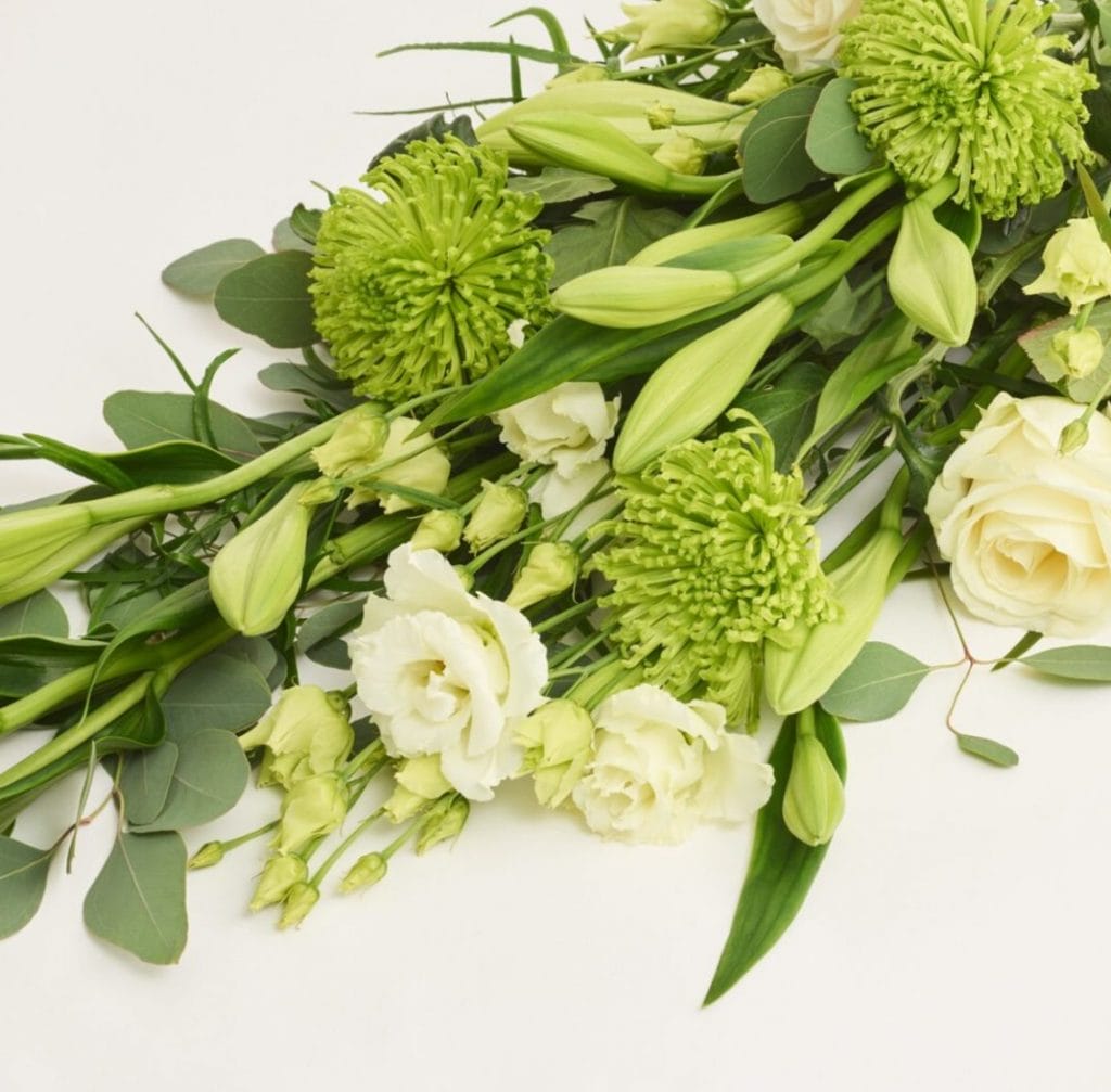 Et langt, liggende blomsterarrangement i grønne og hvide nuancer. Det består af hvide liljer, roser og forskellige grønne blomster, som er elegant arrangeret. Dette enkle, men smukke arrangement er passende til at lægge på kisten eller graven og symboliserer håb og genfødsel i en tid med sorg.