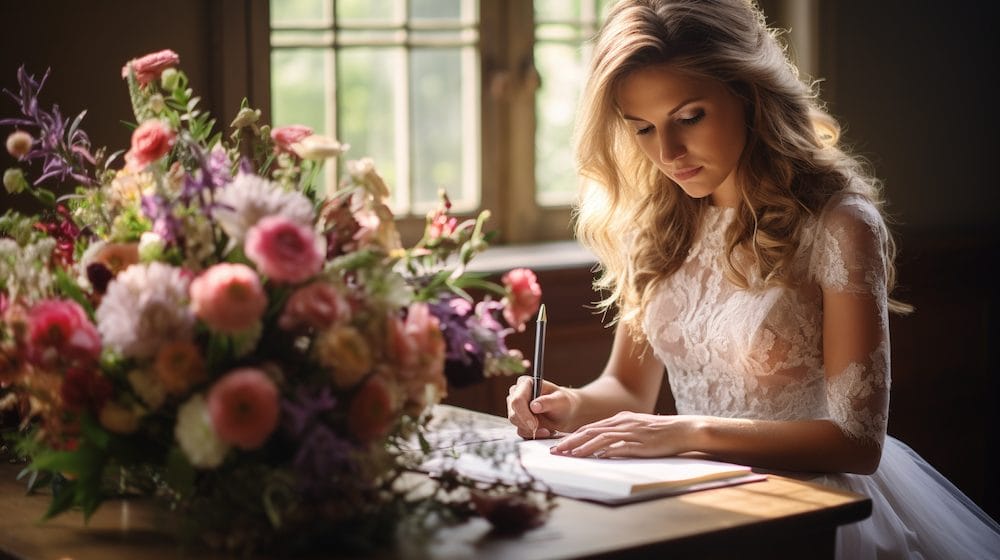 Brud skriver takkekort ved bord med flotte lyserøde blomster