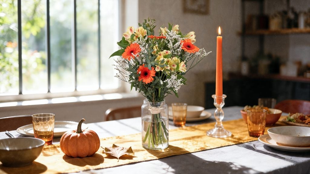 Halloween borddækning med efterårsbuket