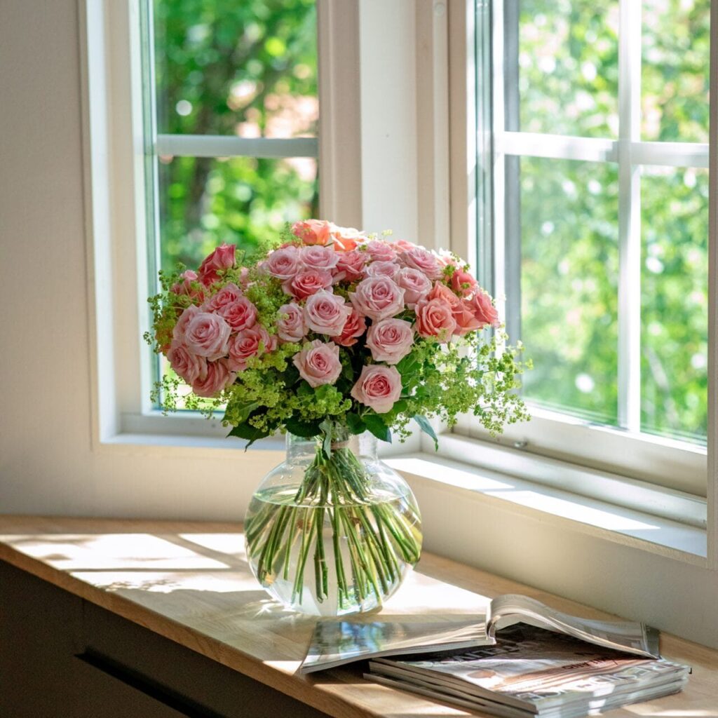 Smuk yndig buket af lyserøde roser i oplyst vindueskarm