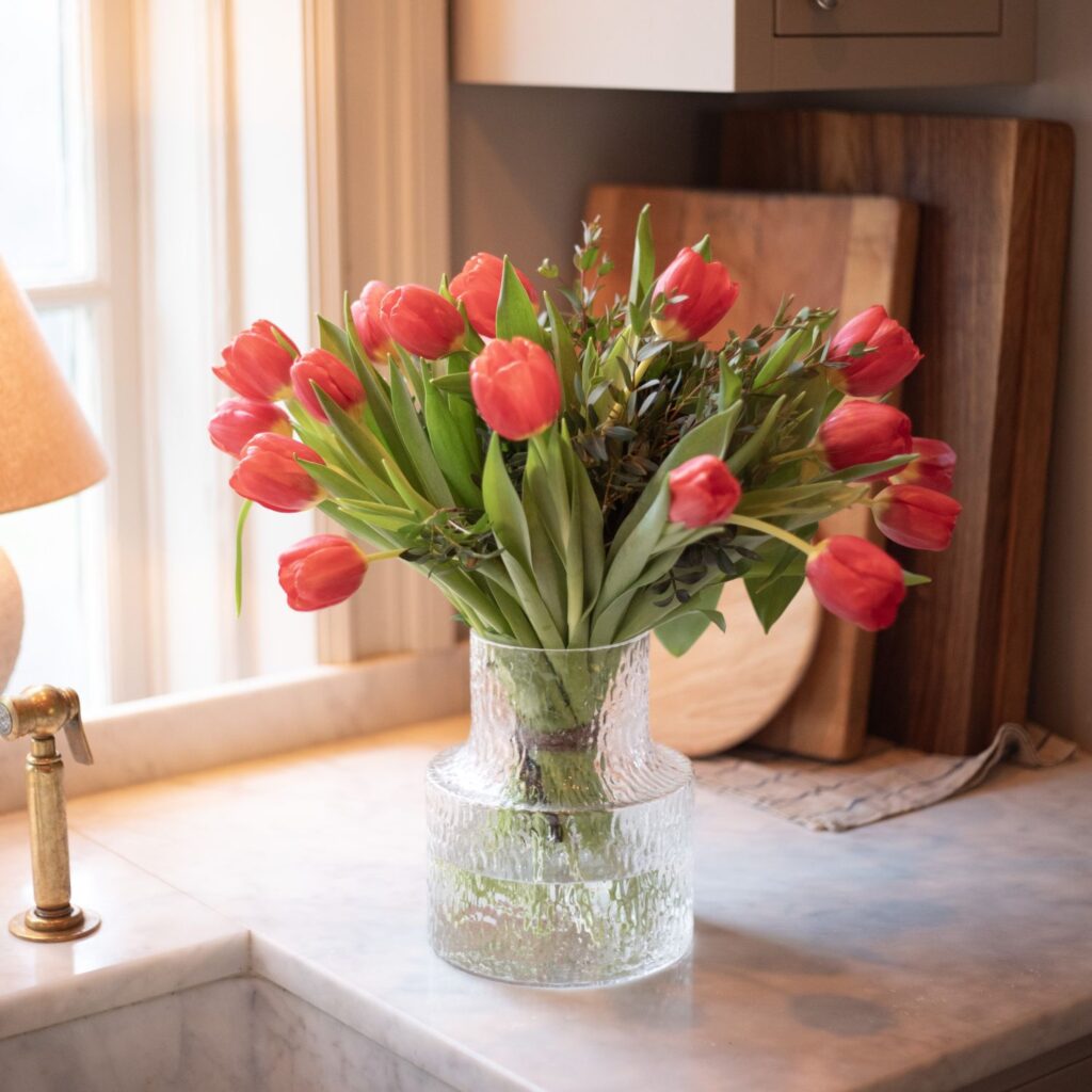røde tulipaner i klar vase