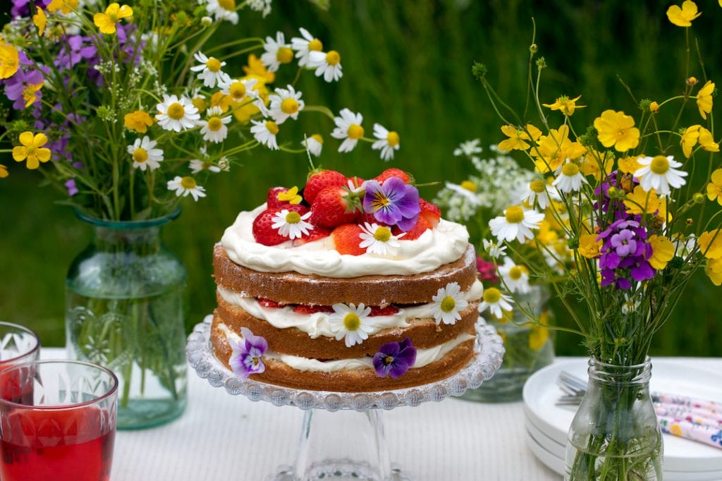 Lagkage med margueritter og lilla stedblomster på blomstrende bord udenfor