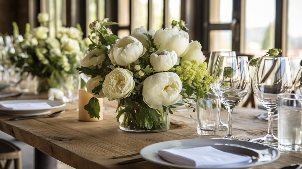 bryllupsbord med centerpiece af store flotte, hvide blomster