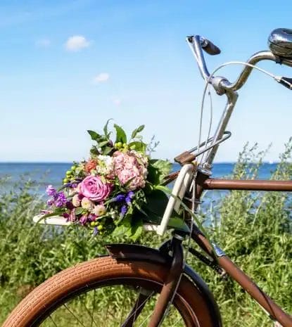 En buket blomster i en cykelkurv