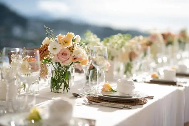 blomsterarrangementer på et bryllupsbord