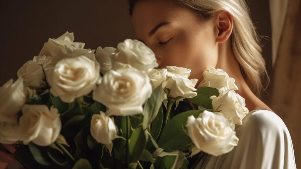 Kvinde dufter til hvid buket roser