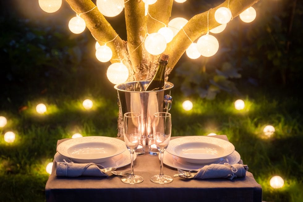 romantisk bord med champagne foran træ med lys