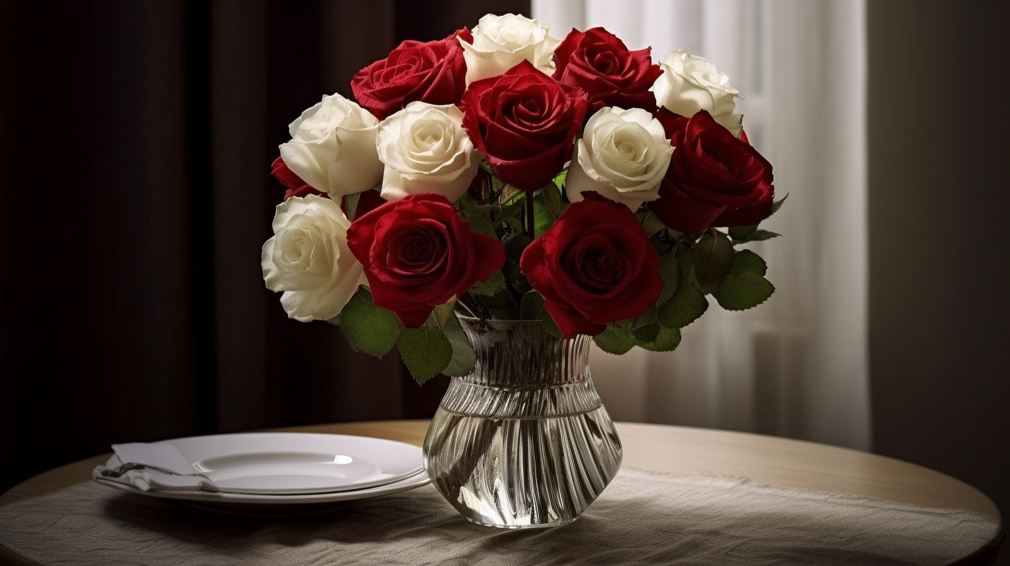 buket af røde og hvide roser på et bord