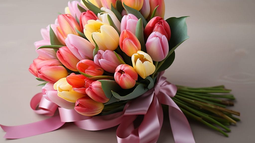tulipanbuket med bånd