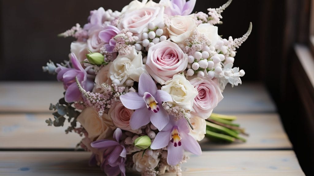 smuk bryllupsbuket i lyse lilla og lyserøde farver
