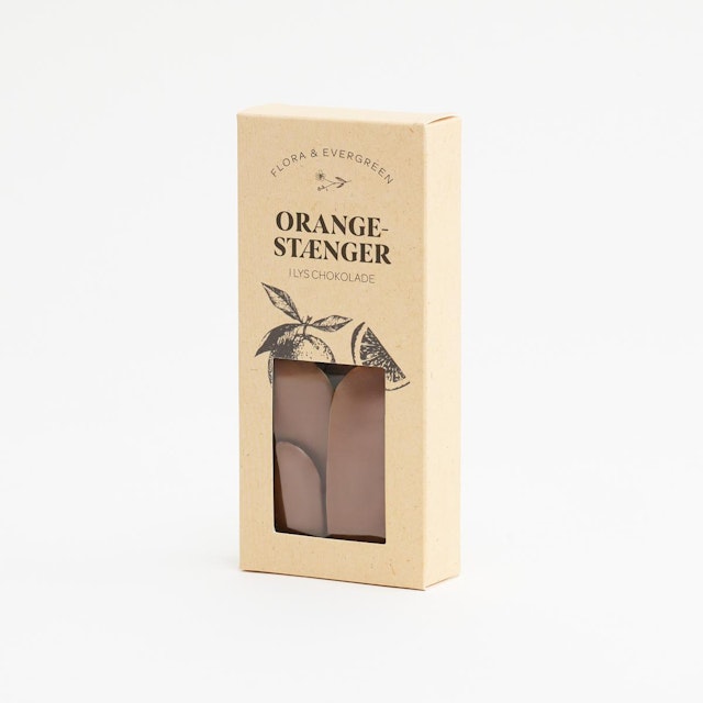 Orangestænger i lys chokolade