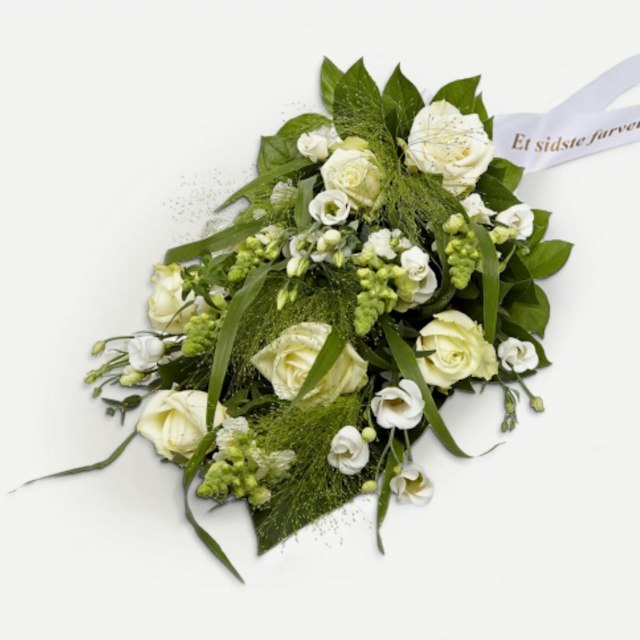 Bårebuket, hvid (Floristens kreative valg) med bånd