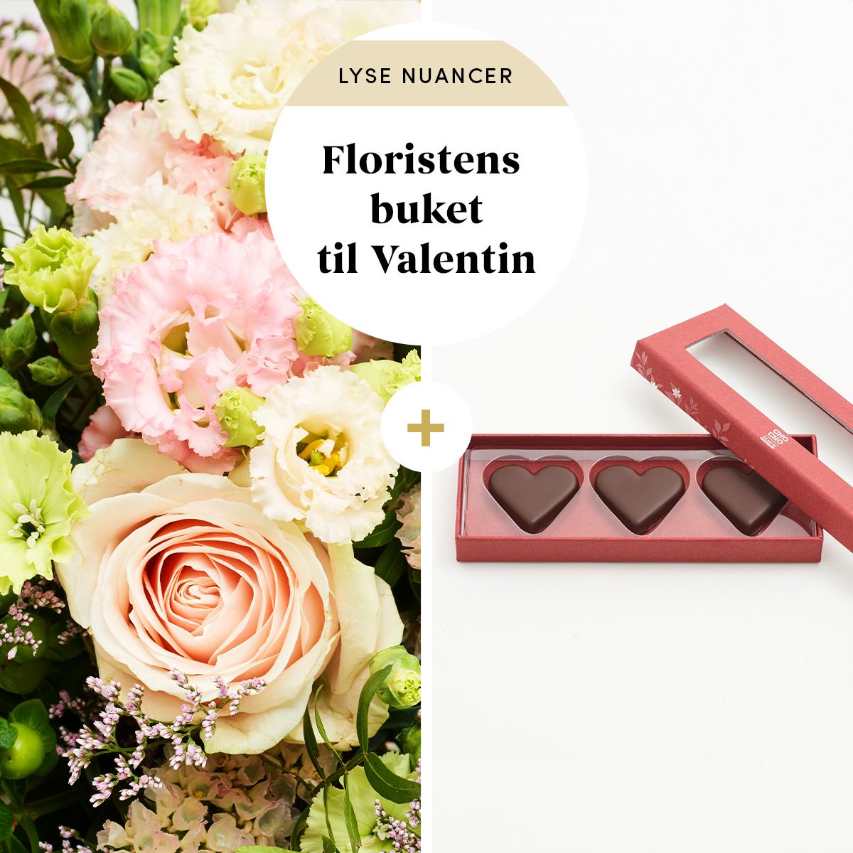 Floristens valentinsbuket i lyse nuancer med marcipanhjerter