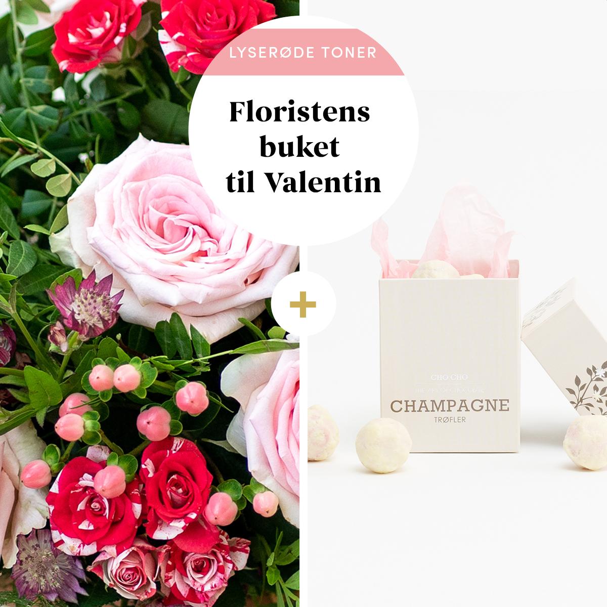Floristens valentinsbuket i lyserøde nuancer med champagnetrøfler