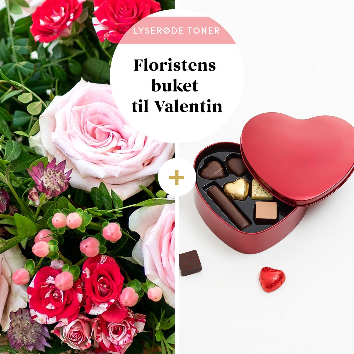 Floristens valentinsbuket i lyserøde nuancer med chokoladehjerte