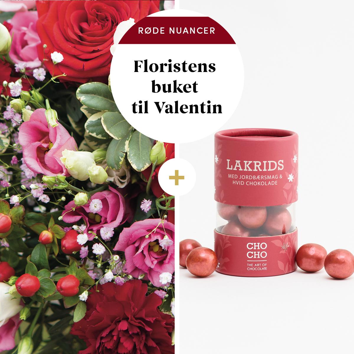 Floristens valentinsbuket i røde nuancer med Cho Cho lakrids