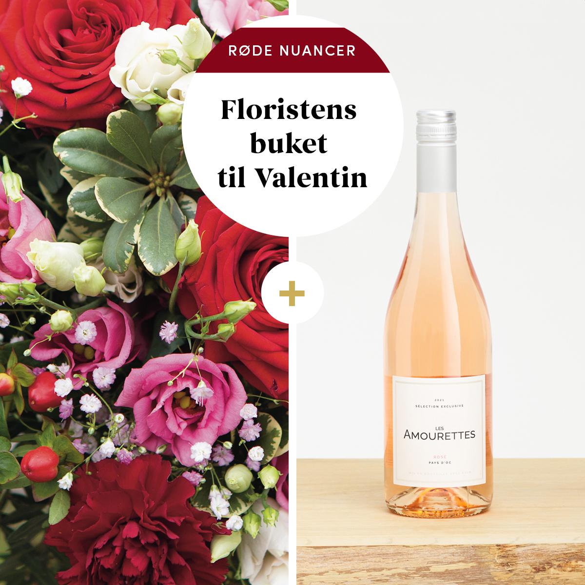 Floristens valentinsbuket i røde nuancer med Les Amourettes Rosé Pays d`Oc