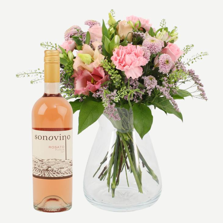 Blomster og rosévin til mor