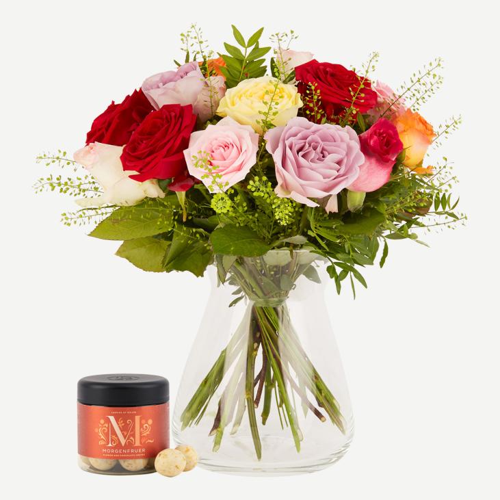 Farverigt mix af roser med Lakrids, Morgenfrue
