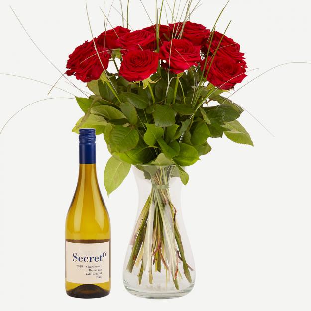 Røde roser med Sueño Secreto Chardonnay